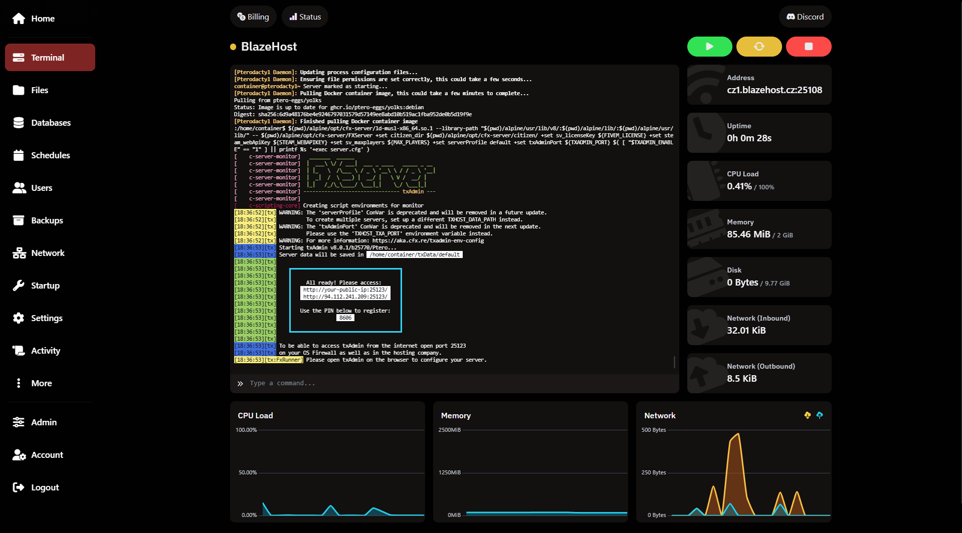 BlazeHost ovládací panel